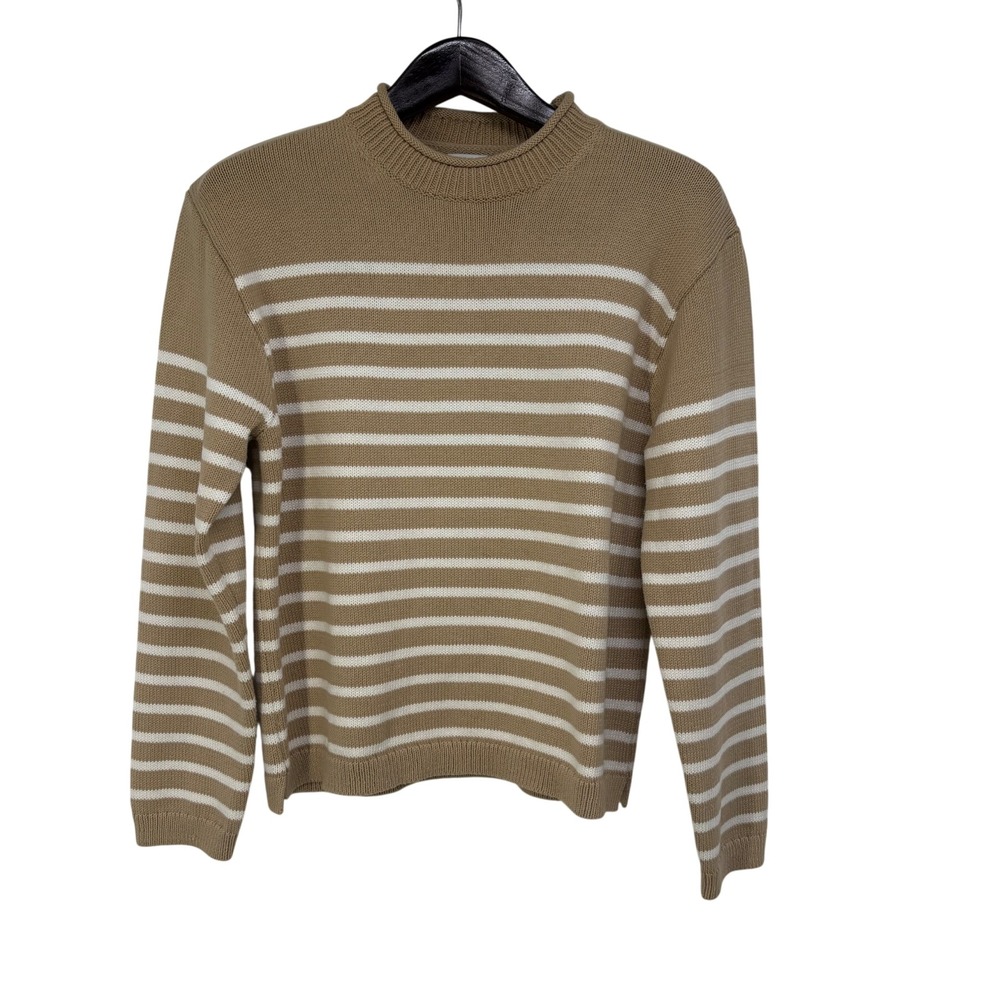 J Crew Womens Roll Neck Sweater L Preppy Tan White Striped Cotton Blend Coastal‎